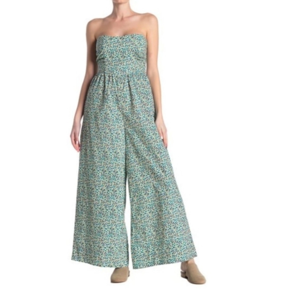 NWT Free People Mustang Strapless Ditsy Floral Wide Leg Jumpsuit Blue Size L - Picture 8 of 12